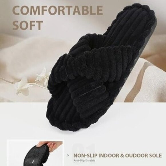 HOUSE SPA SLIPPERS FAUX FUR SLIPPERS , CROSS BANDS ANTI-SKID SOLE - Picture 4 of 10